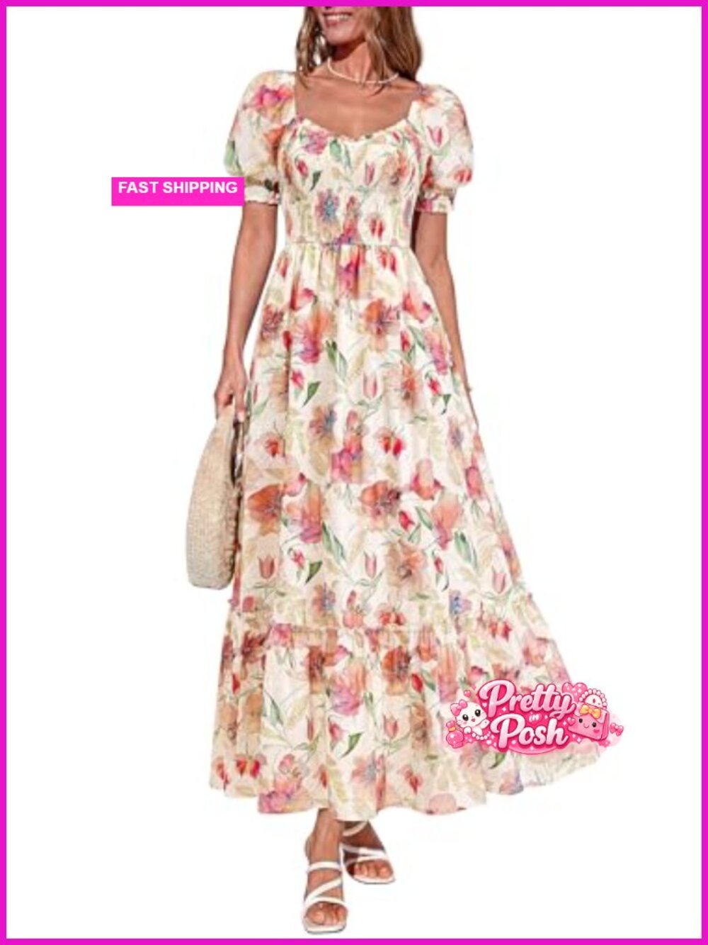 Women's Floral Boho Maxi Dress Flowy Short Sleeve A-Line Smocked Eyelet Summer